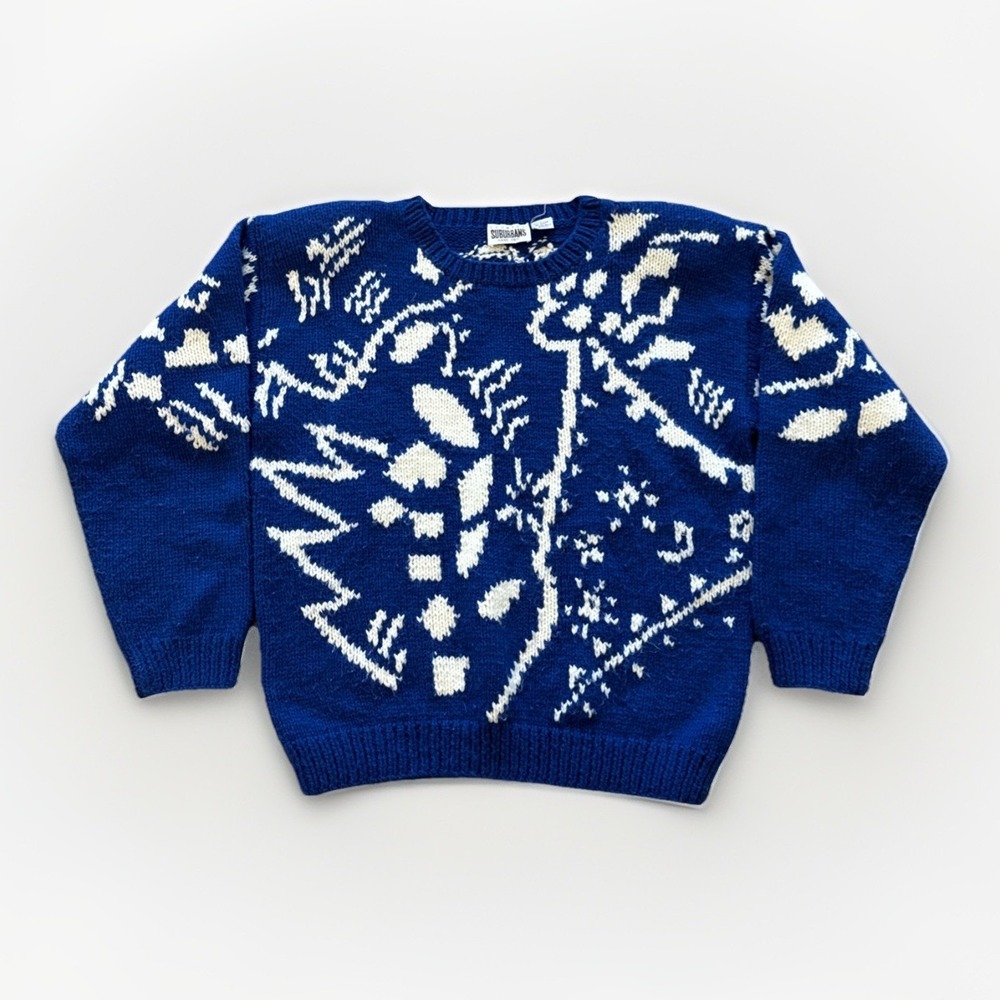 Vintage Country Suburbans Sweater Womens M Blue Acrylic Hand Knit Retro 80s‎ 90s